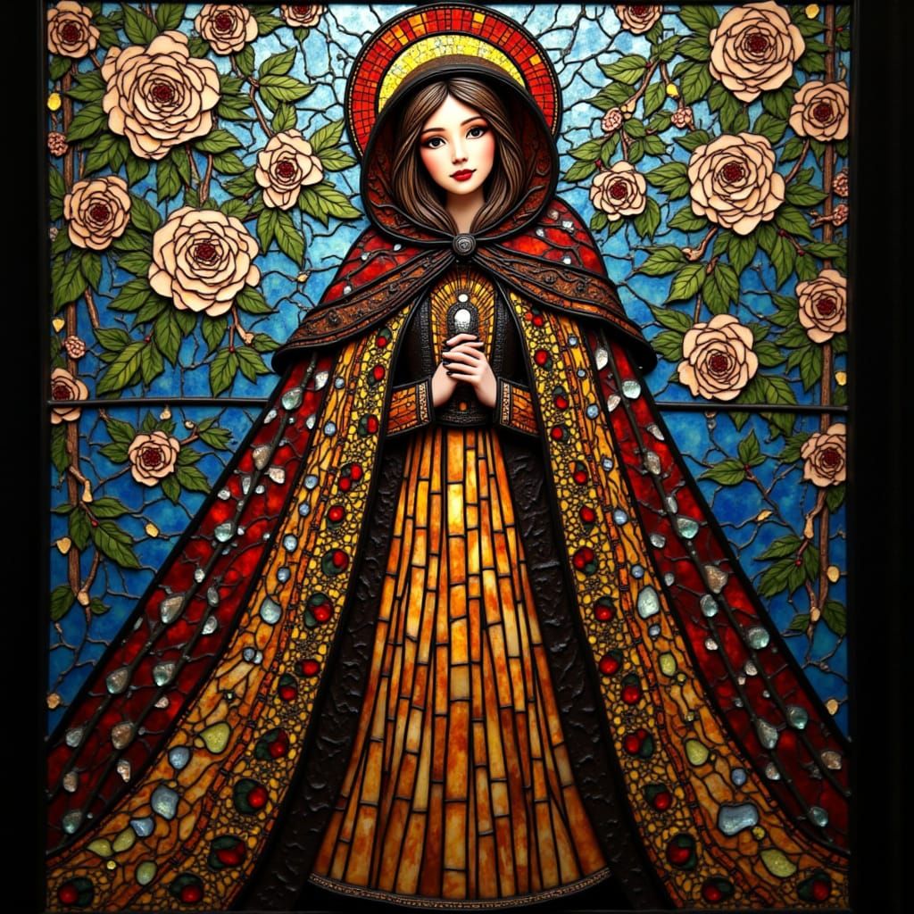 Stained Glass Woman and Roses in Tiffany Style