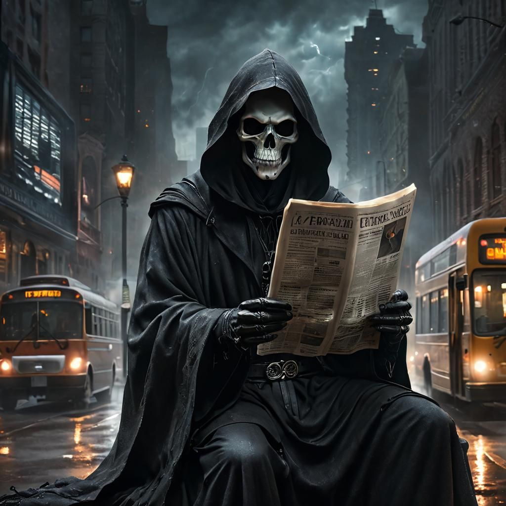 Grim Reaper Reads Newspaper on City Bus