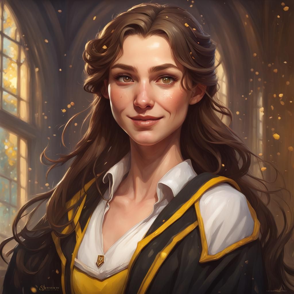 Smiling Hufflepuff Girl Portrait in Art Nouveau Style