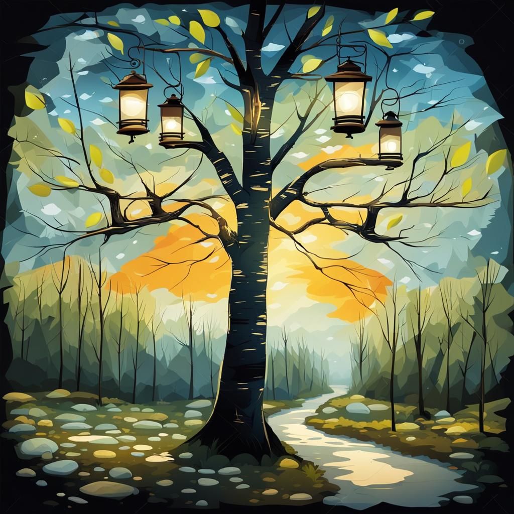 Birch Landscape with Lantern Light