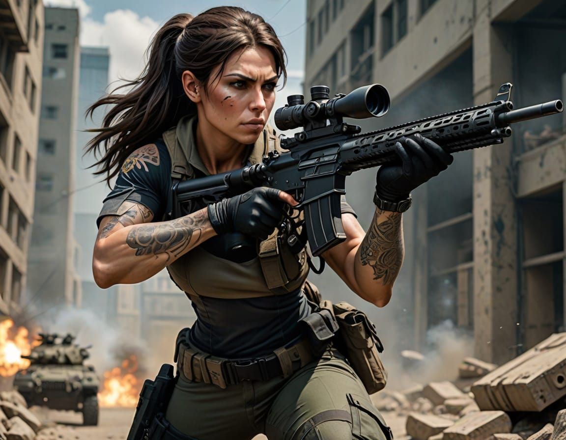 Surreal Mercenary Woman in Tactical Action