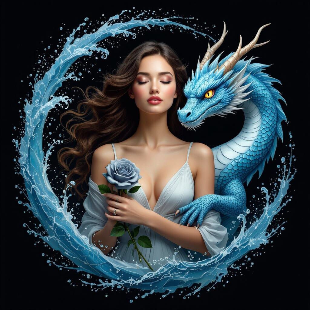 Woman Embraces Dragon in Surreal Water Yin Yang