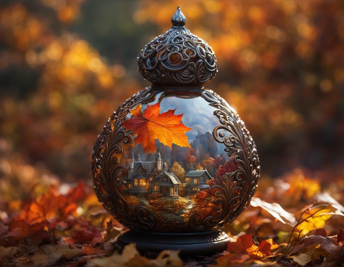Glass Gourd with Autumn Village, Vector Fractal Art