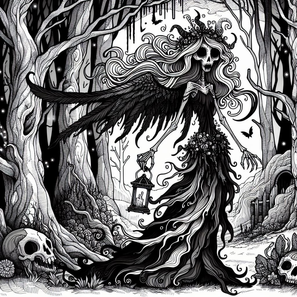 Mystical Banshee in Enchanted Forest Coloring Page