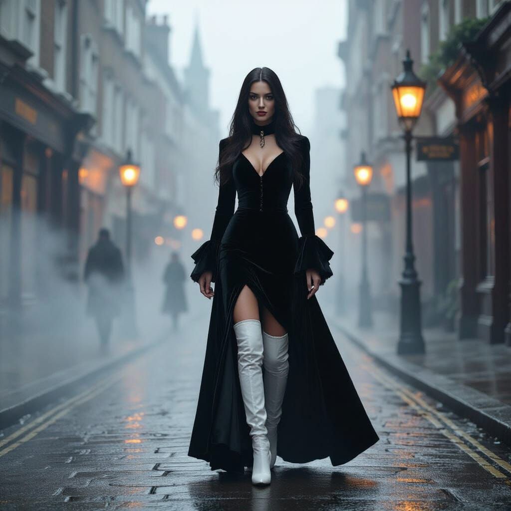 Victorian Woman Walks Foggy London Street