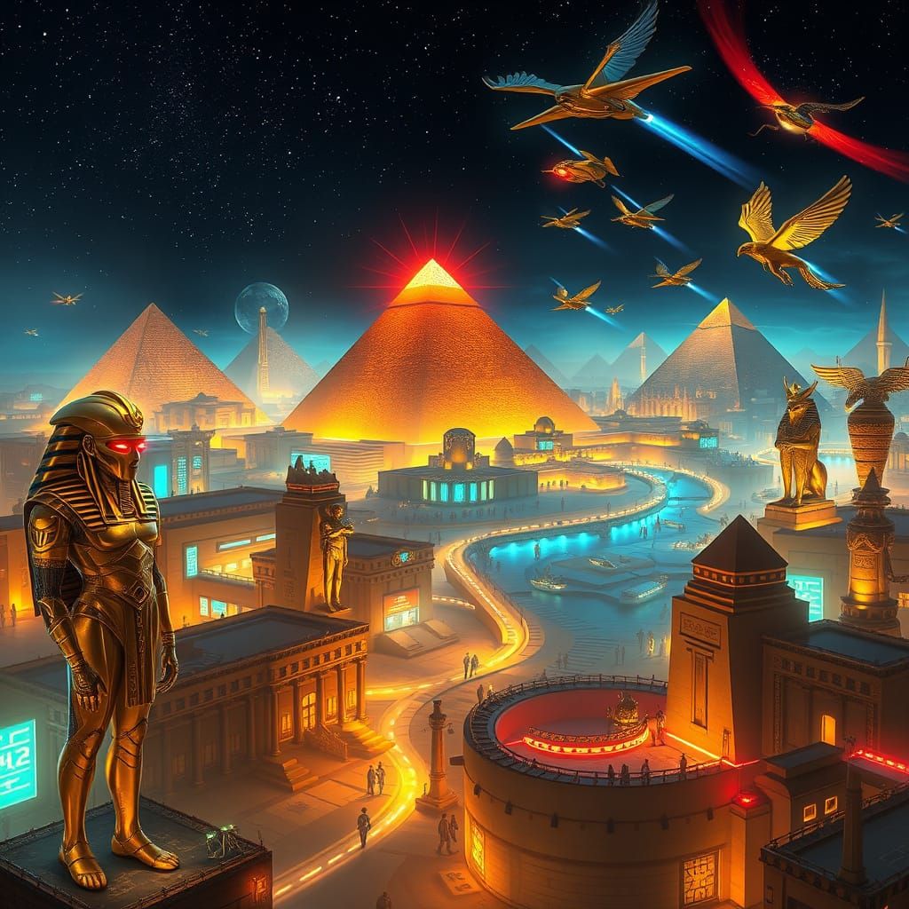 Cyberpunk Ancient Egyptian Metropolis at Night