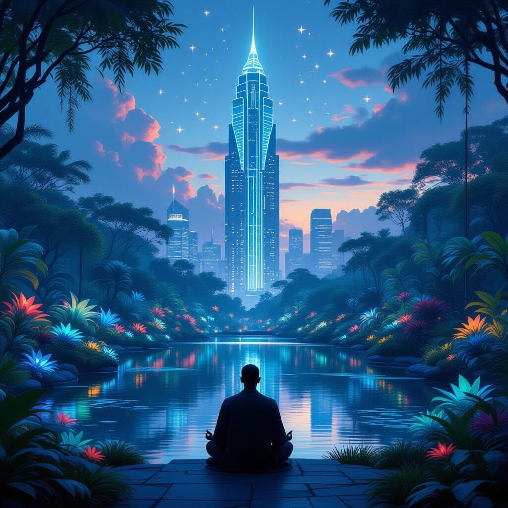 Meditating Figure in Bioluminescent Garden by Art Deco Skysc...