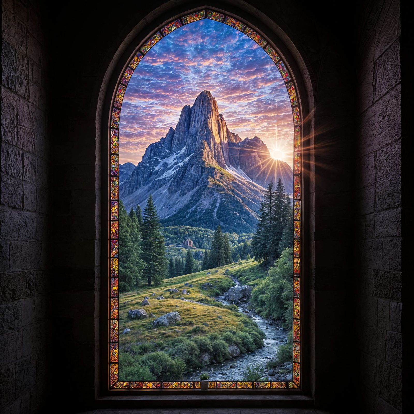 Stained Glass Mountain Peak at Sunset