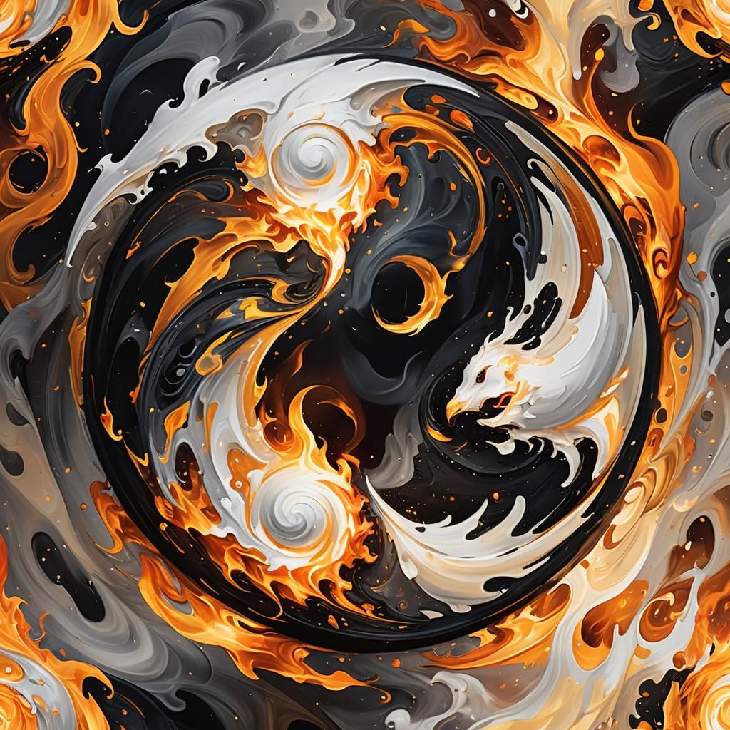 Yin Yang Symbol in Swirling Flames Digital Painting