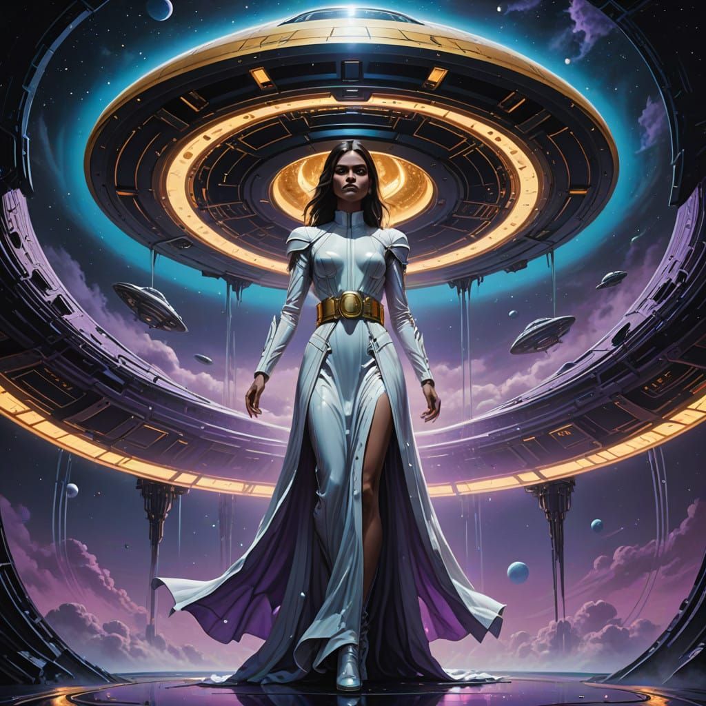 Girl Lifted by Celestial Flying Saucer in Starry Night