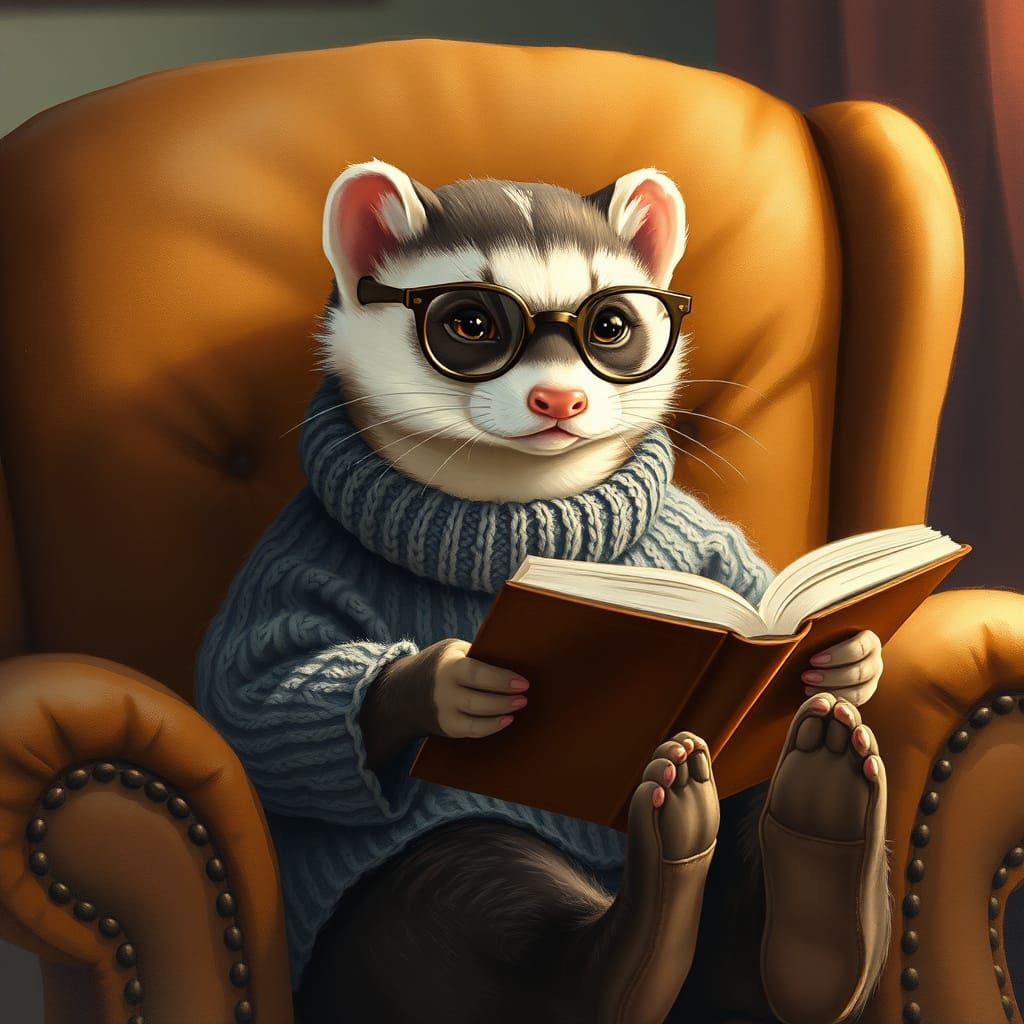 Whimsical Ferret Reading Book in Cozy Armchair
