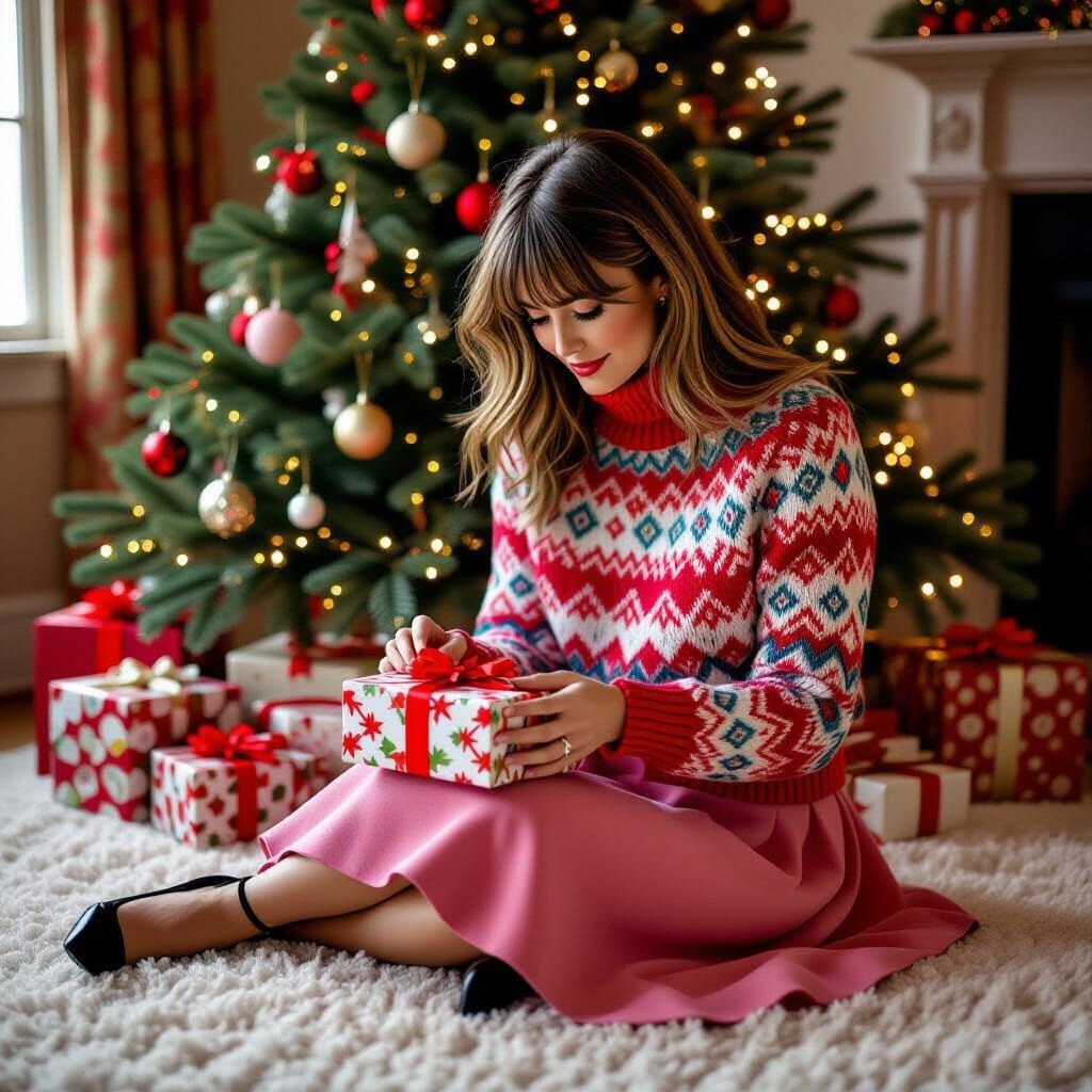 Woman Opening Gift in Vibrant, Textured Style