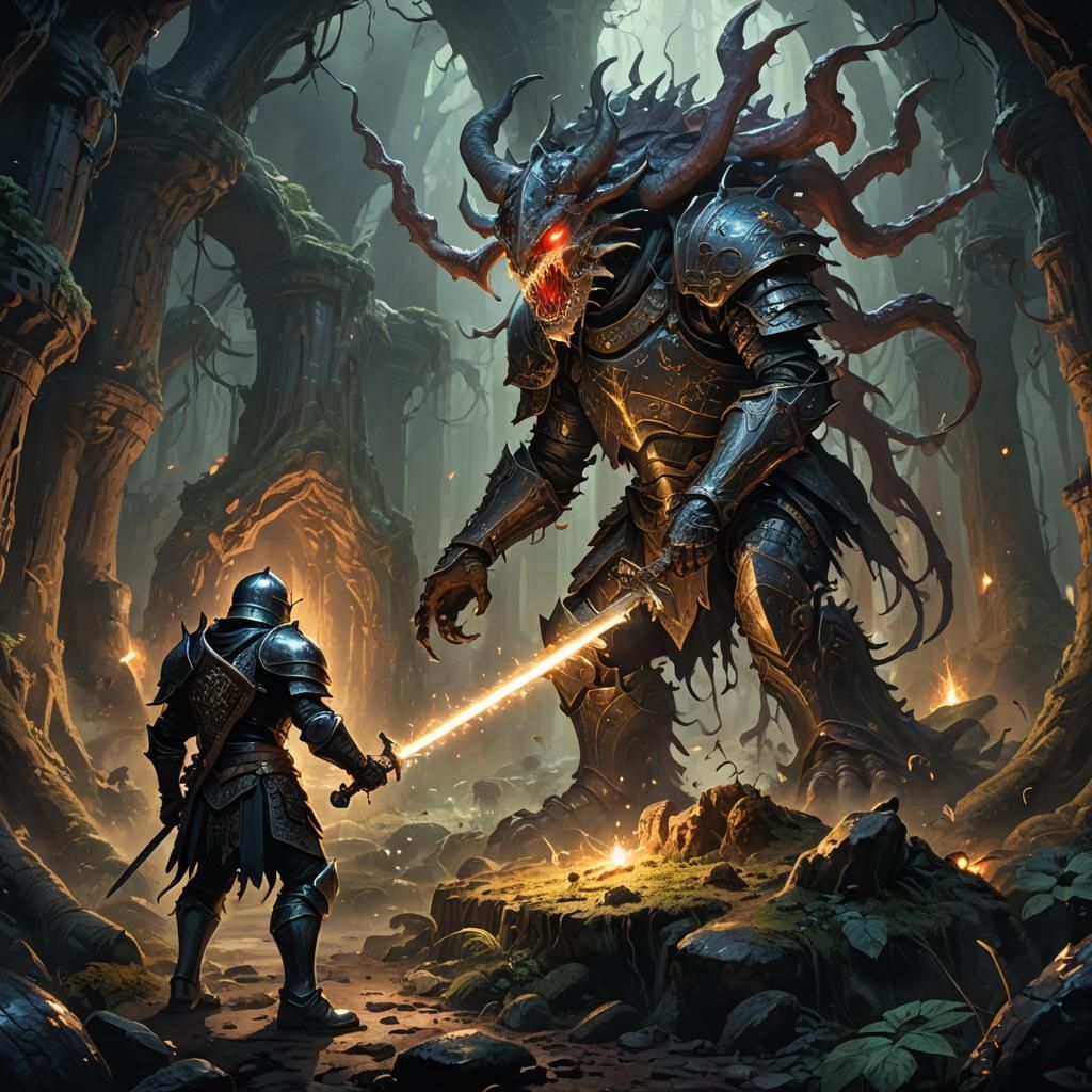 Knight vs Mushroom Monster in Bioluminescent Cavern