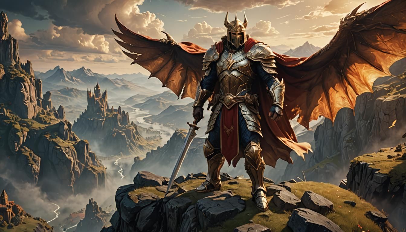 Victorious Hero Overlooking Fantasy Landscape in 3D