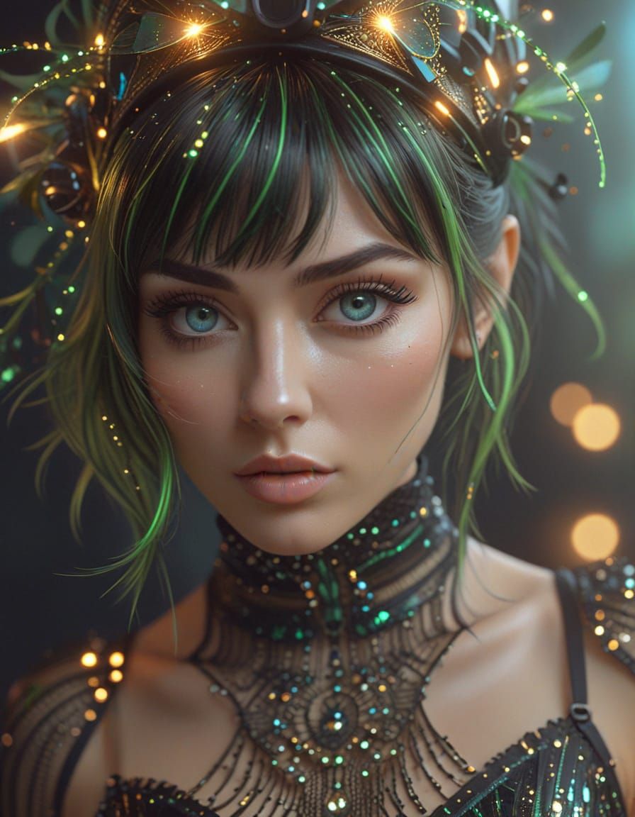 Beautiful Woman with Green Streaked Hair and Kaleidoscope Ey...