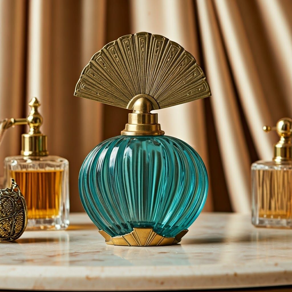 Luminous Art Deco Perfume Bottle in Aquamarine Glass with Br...