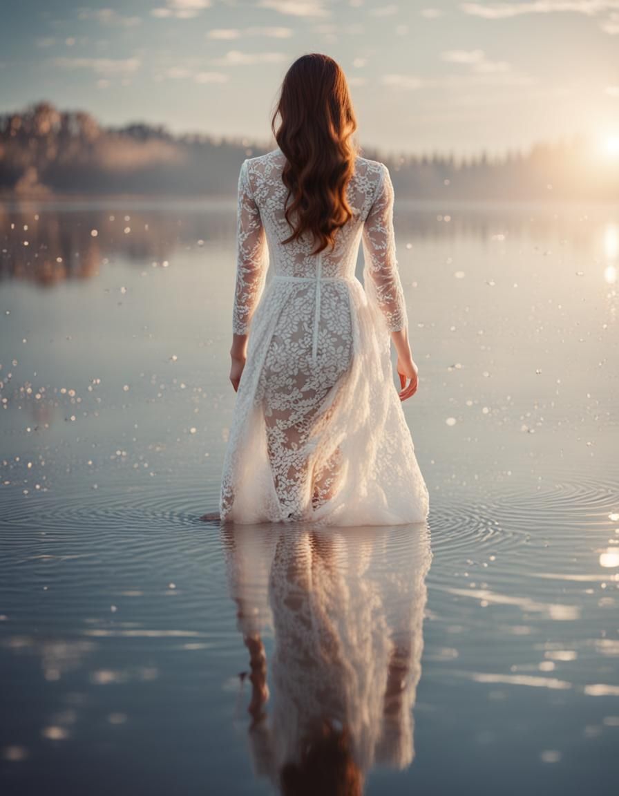 Woman in White Lace Dress on Water