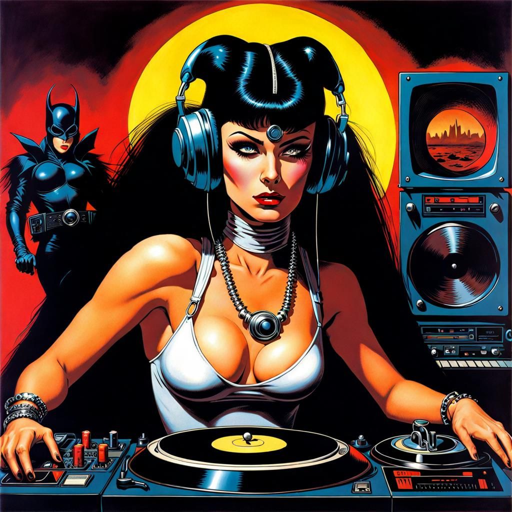 Goth Female DJ in 80s Comic Book Style