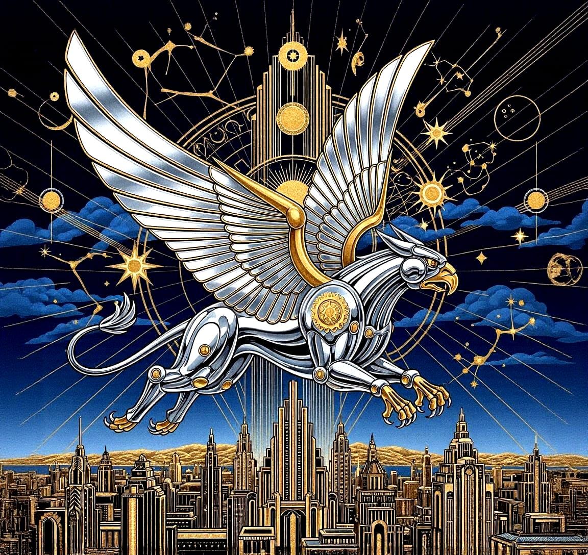 Art Deco Chrome Griffin Soars Through Geometric Sky