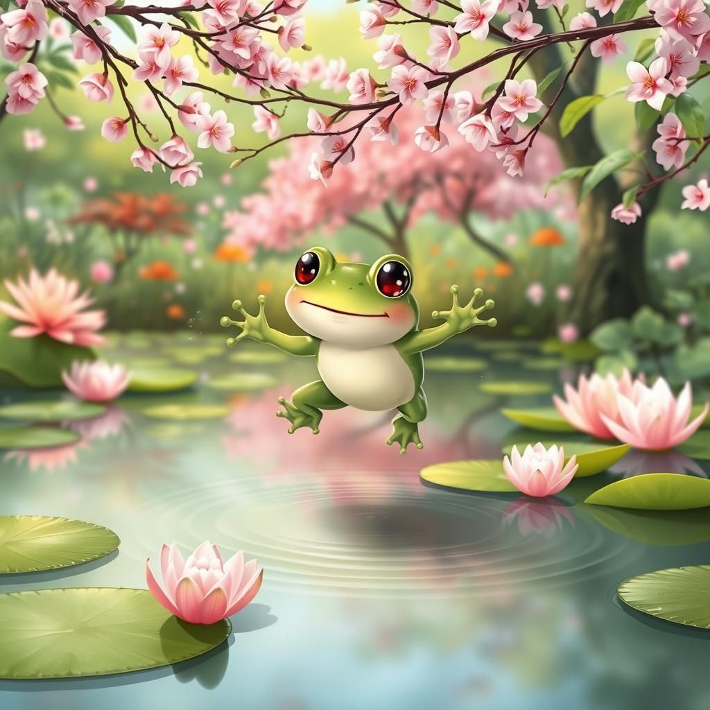 Frog's Leap in a Ghibli-esque Lily Pond