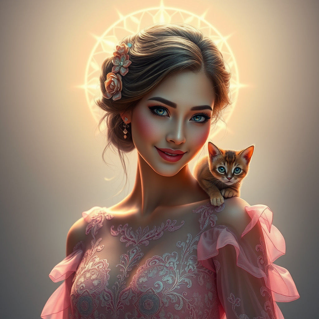 Ethereal Woman with Cat in Art Nouveau Style
