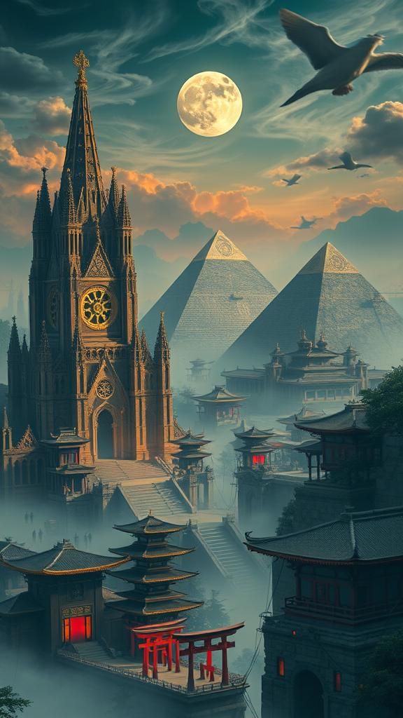 Mystical Cityscape: Gothic, Egyptian, and Oriental Fusion