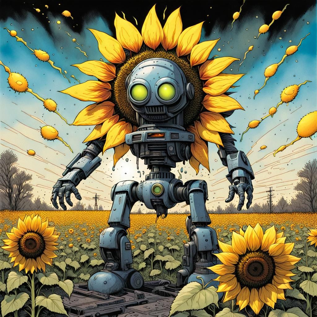 Radioactive Sunflower Robot Emerges in Comic Book Art
