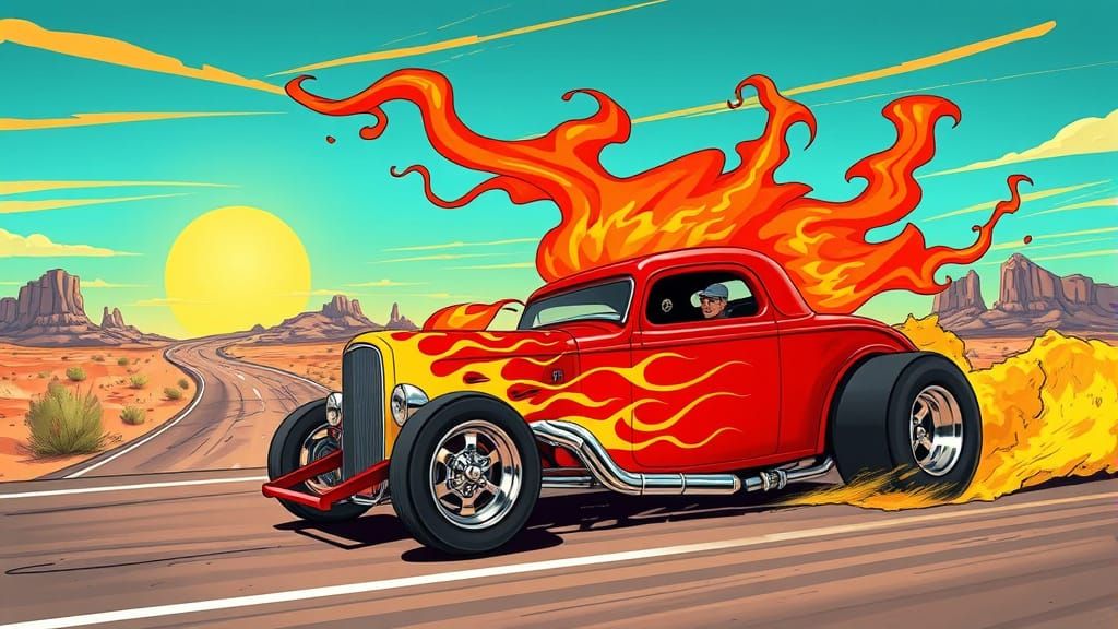 Flame-Adorned Hot Rod Races Through Cartoon Desert