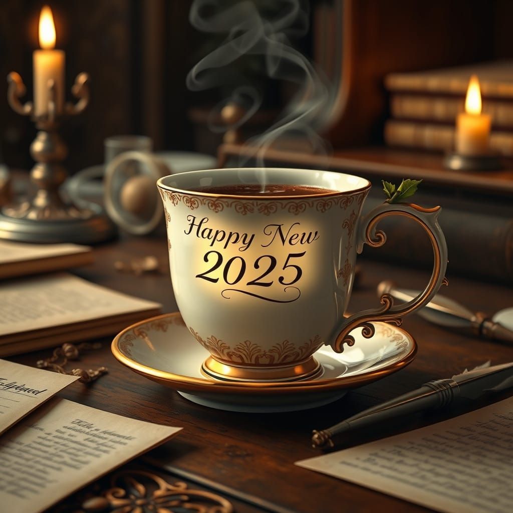 Steaming Coffee Texts New Year's Greeting in Enchanted Study