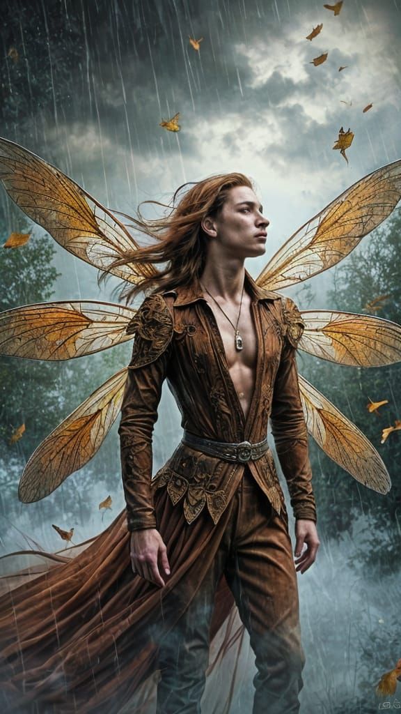 Fairy Man with Dragonfly Wings in Rain