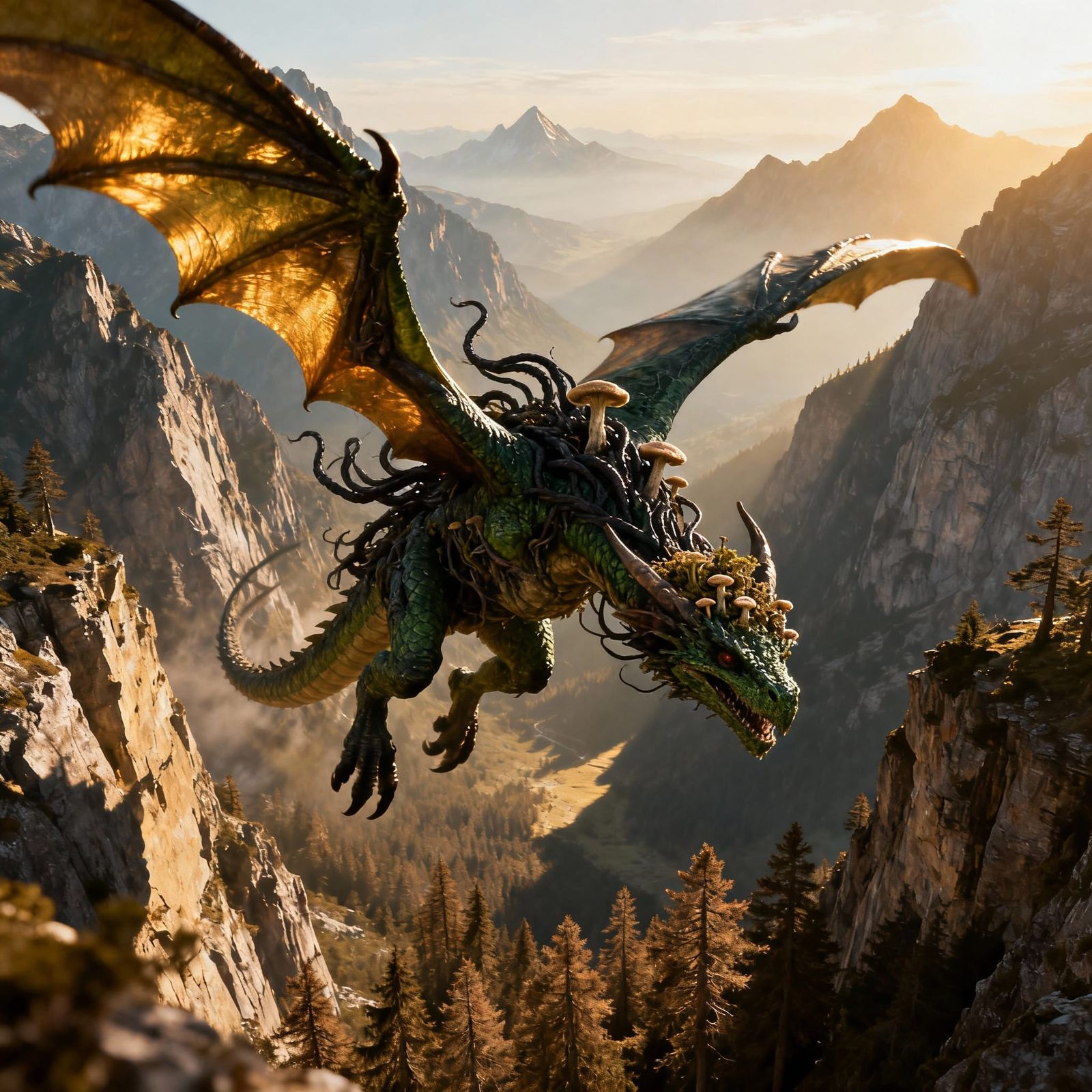 Parasitized Wyvern's Freefall Over Mountains