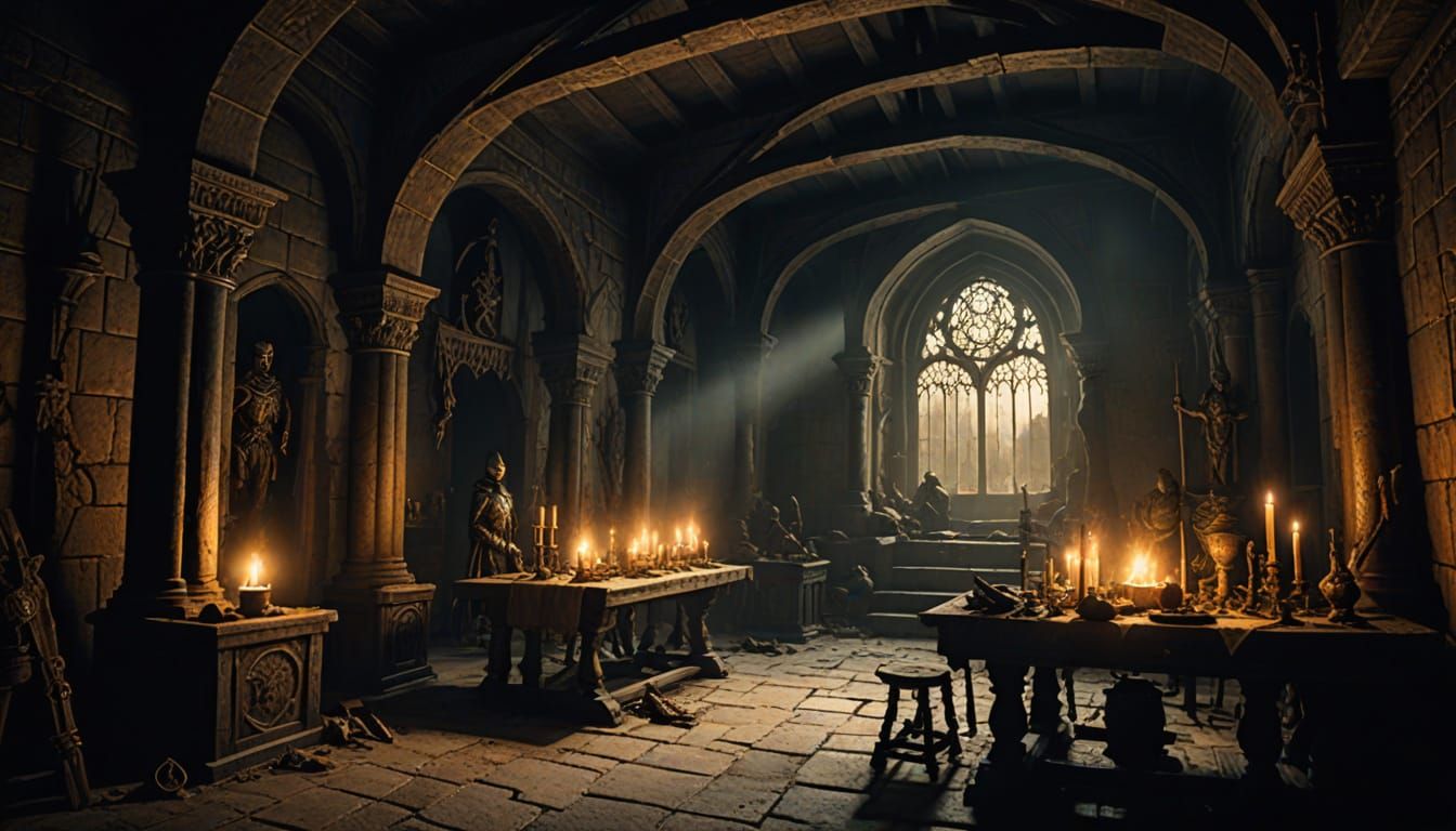 Dark Fantasy Armoury Scene in Gothic Style
