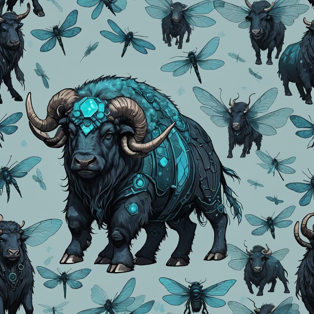 Cyberpunk Musk Ox with Demonic Wings