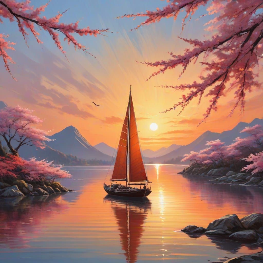 Vibrant Lake Scene in Modern Japanese Art Style