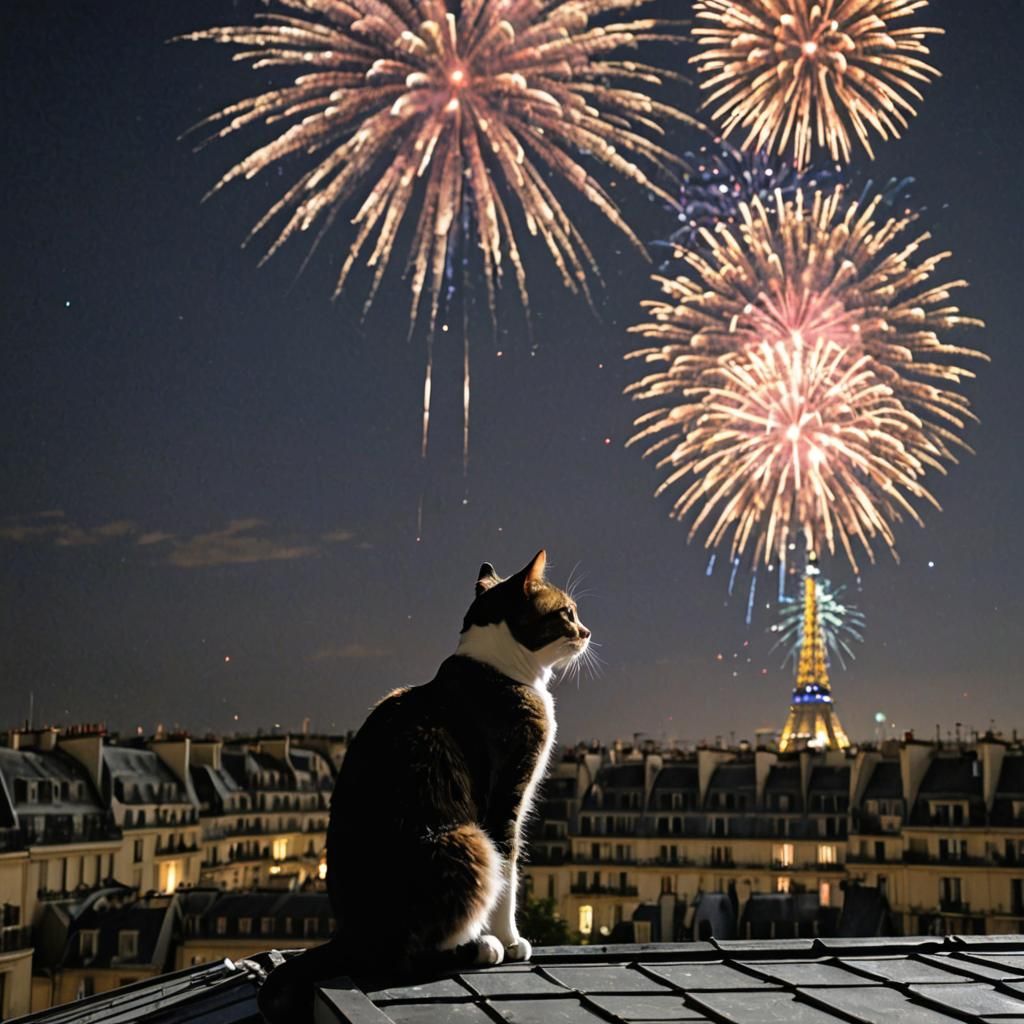 Cat on the roof of a building watches the July 14 fireworks ...