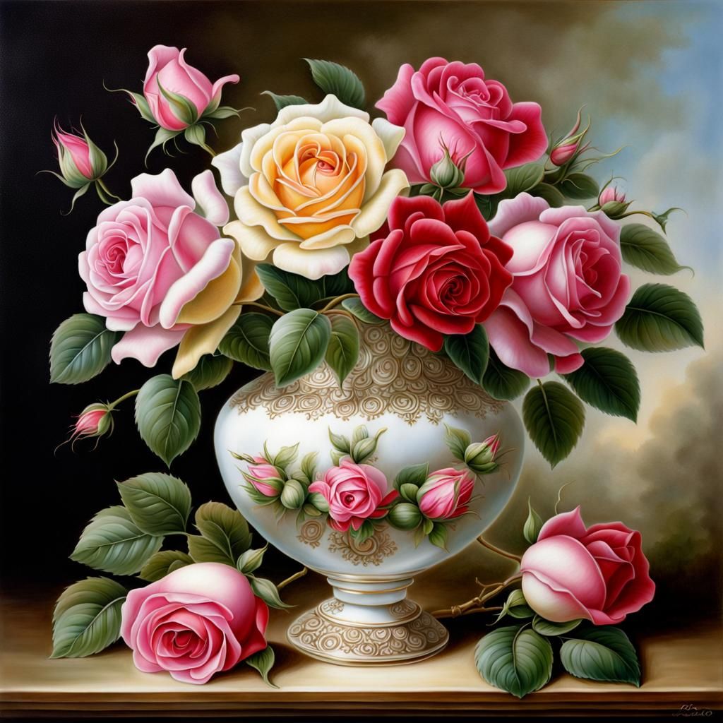 Detailed Airbrush Still Life of Roses