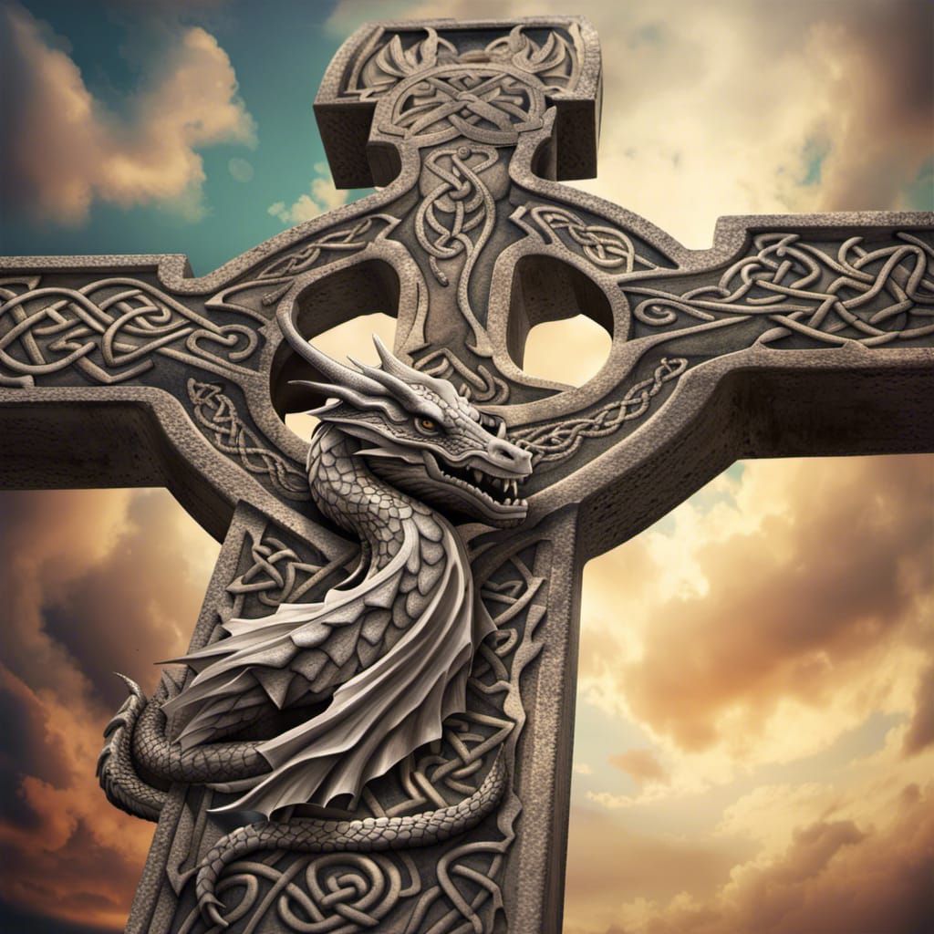 Celtic Cross and Dragon in Hyperrealistic Painting
