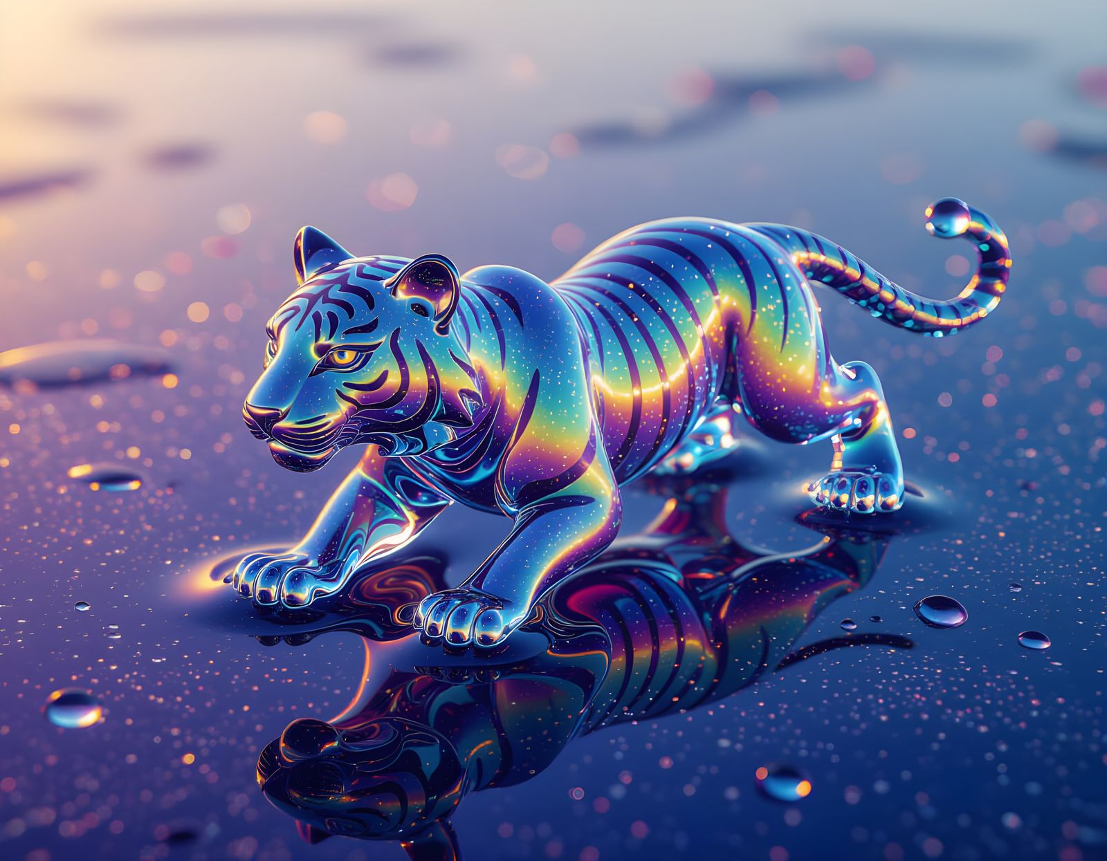 Molten Glass Tiger in Abstract Iridescent Art