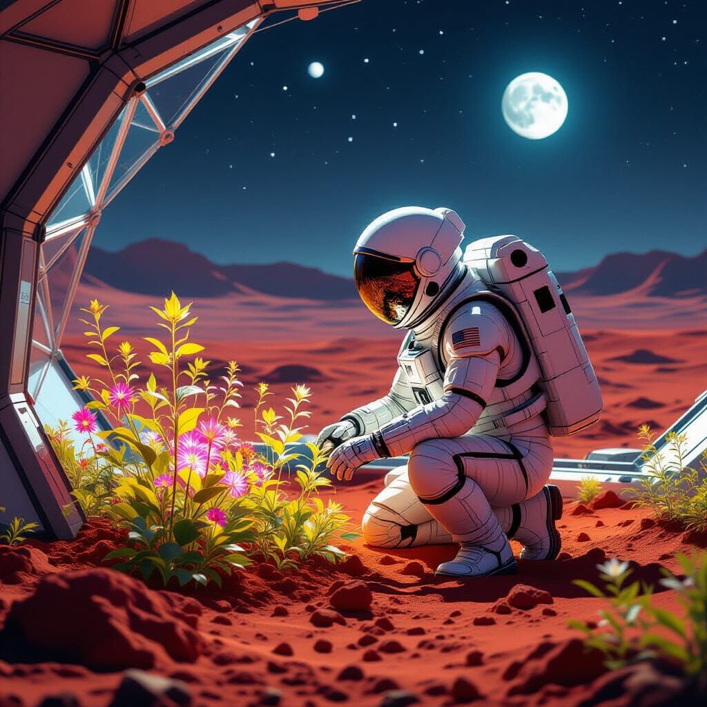 Astronaut Tends Bioluminescent Flora on Mars in Geodesic Dom...