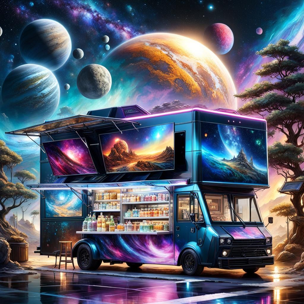 Futuristic Food Trucks in Space, Hyperdetailed Digital Art