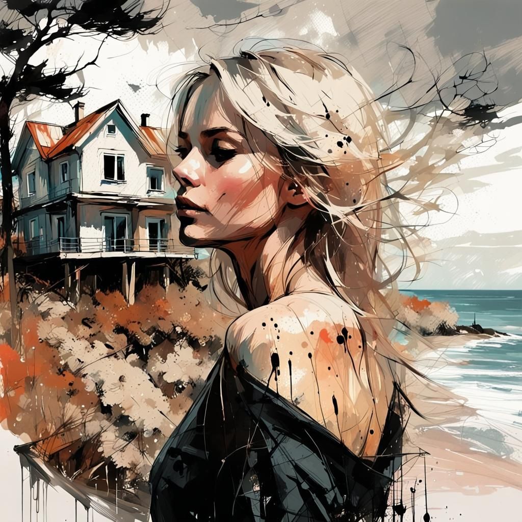 Baltic Sea Cliffside Woman in Pastel Ink