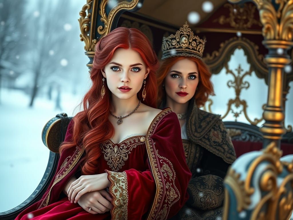 Regal Princess in Crimson Velvet with Queen in Winter Wonder...