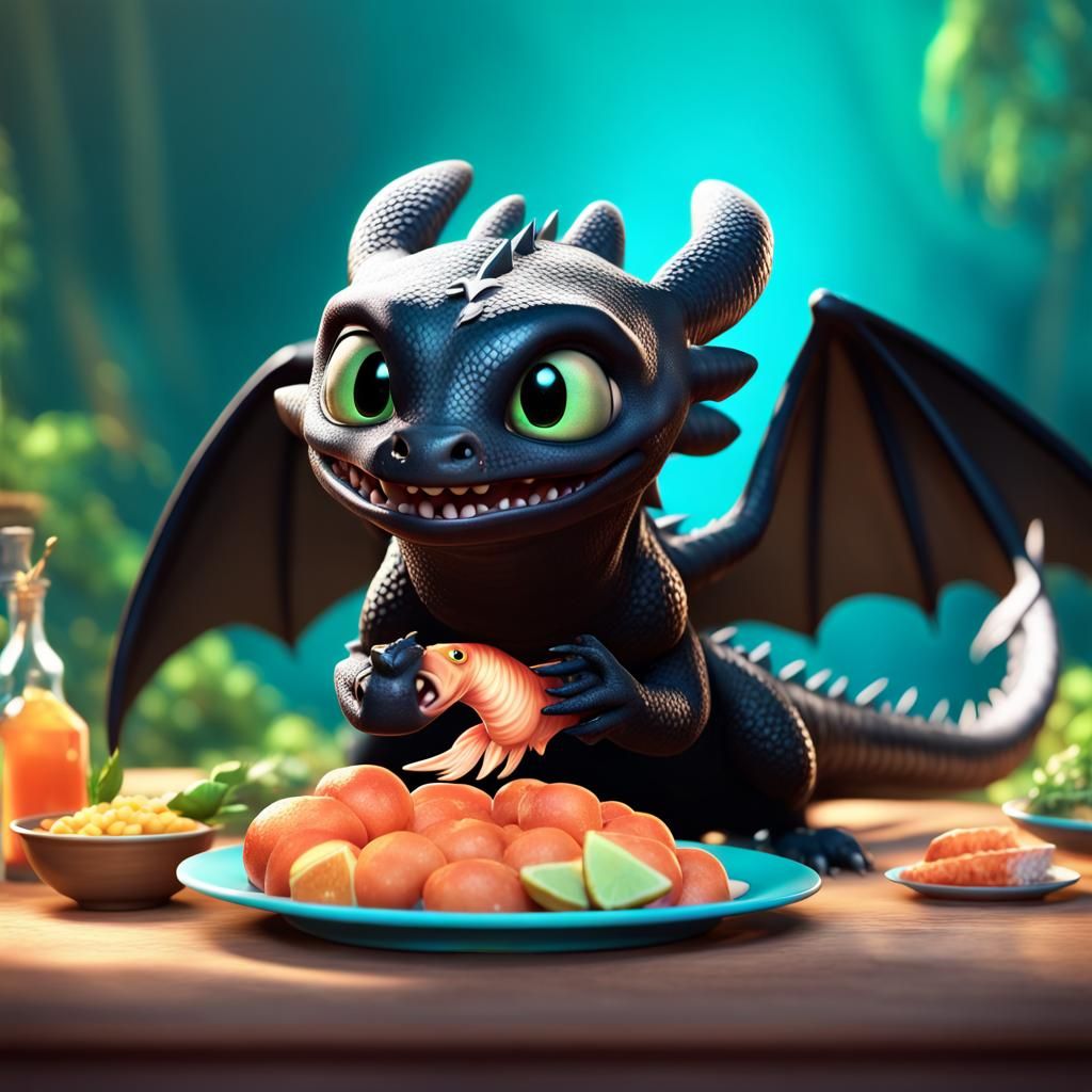 Cute Dragon Eating Fish in Pixar Style
