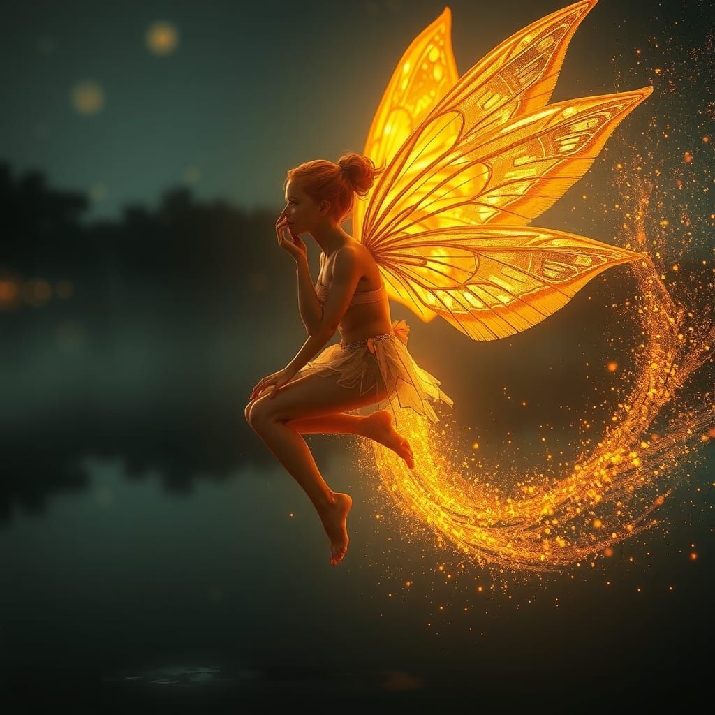 Sparkling Gold Dust Fairy Over Peaceful Lake