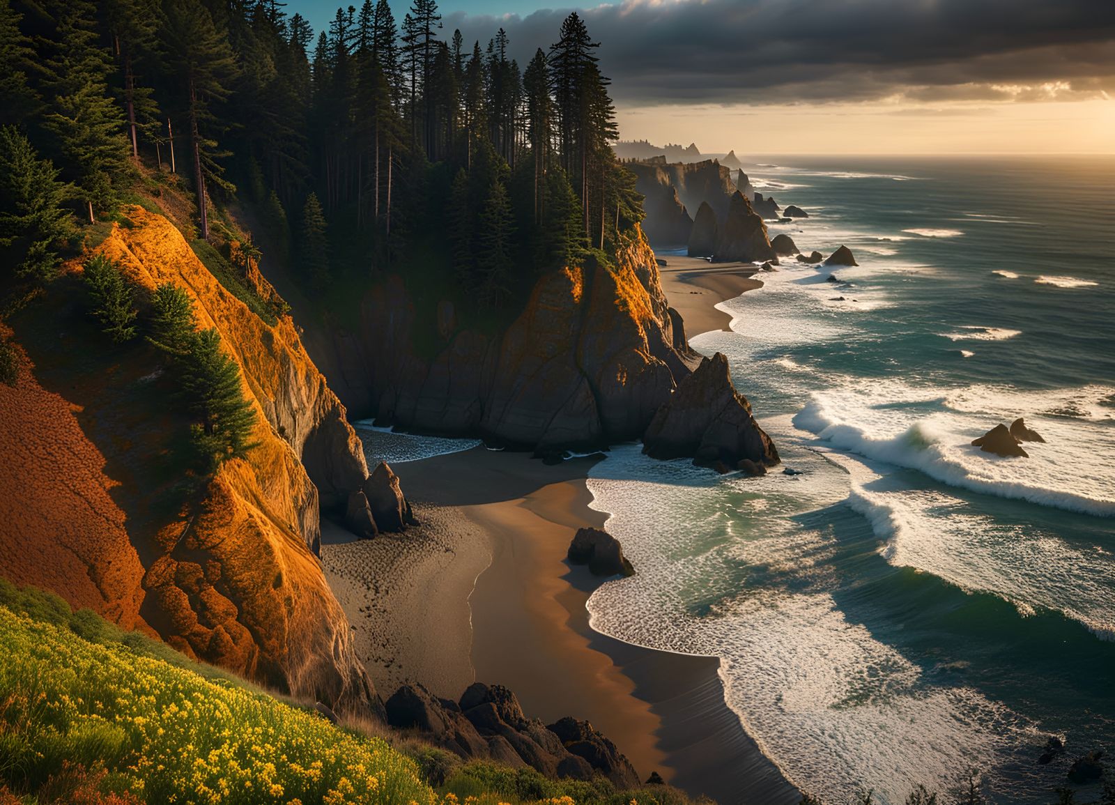 Oregon Coast Sunset with Rock Formations