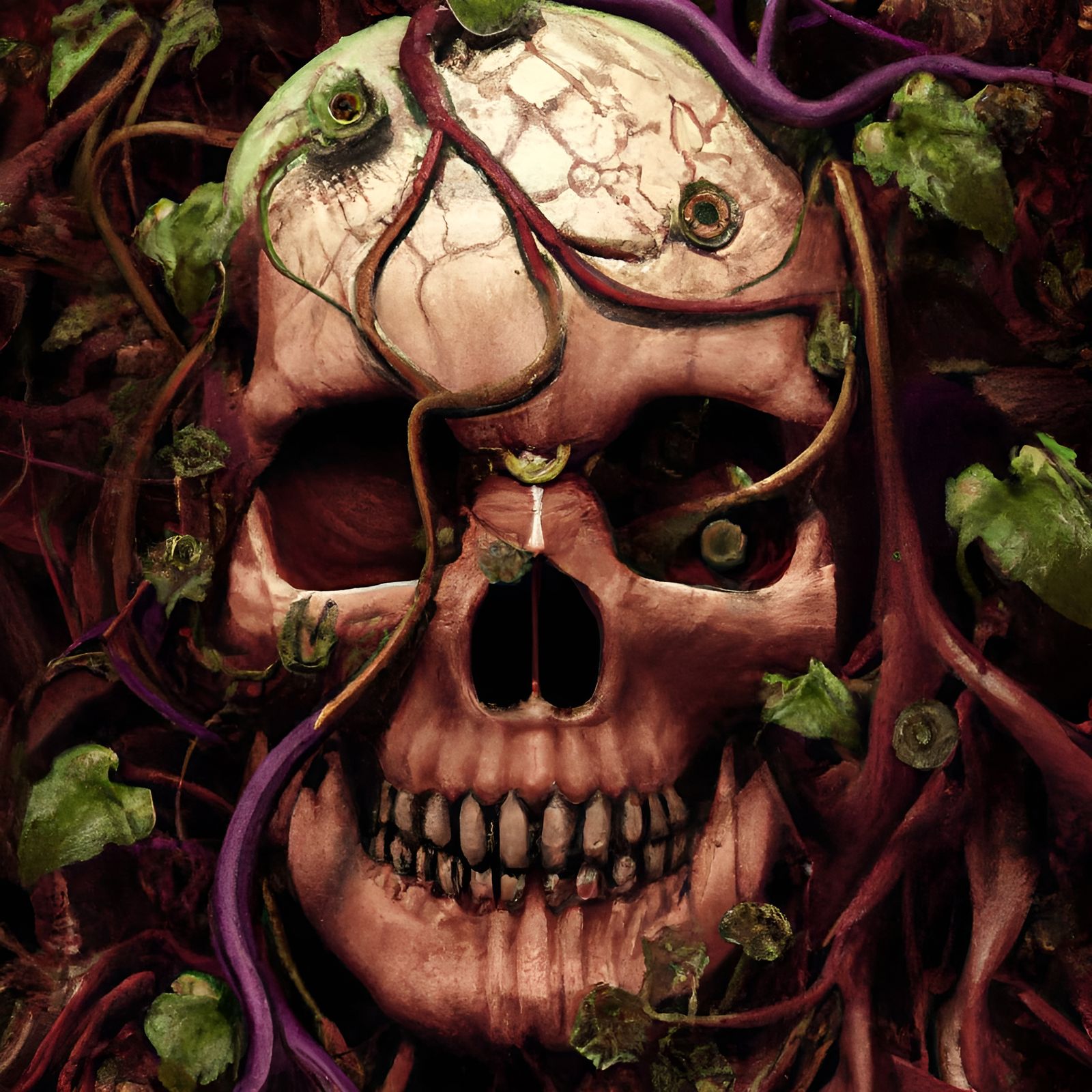 Hyperrealistic Skull Entwined with Vines