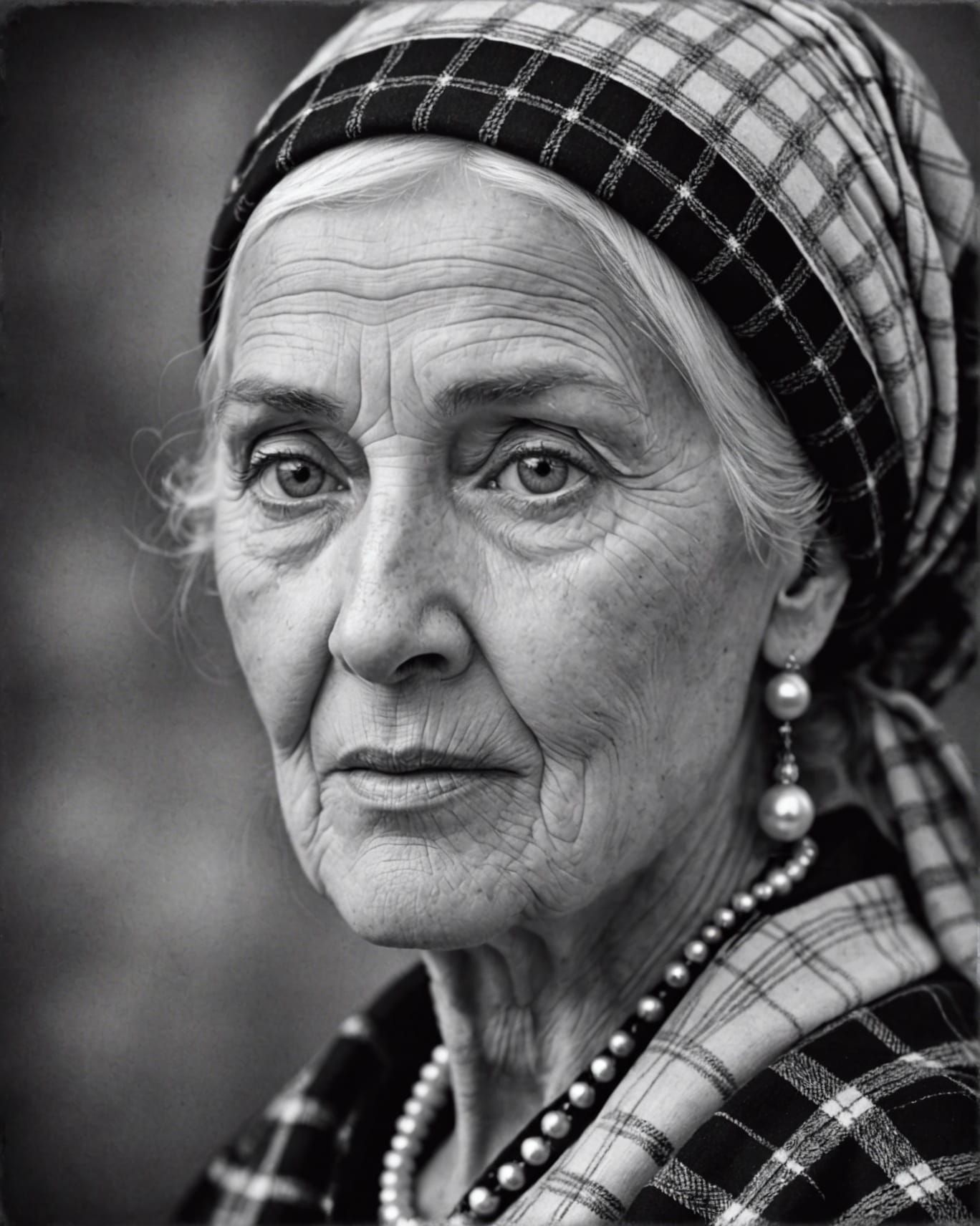 Vintage Portrait of Woman with Plaid Headscarf
