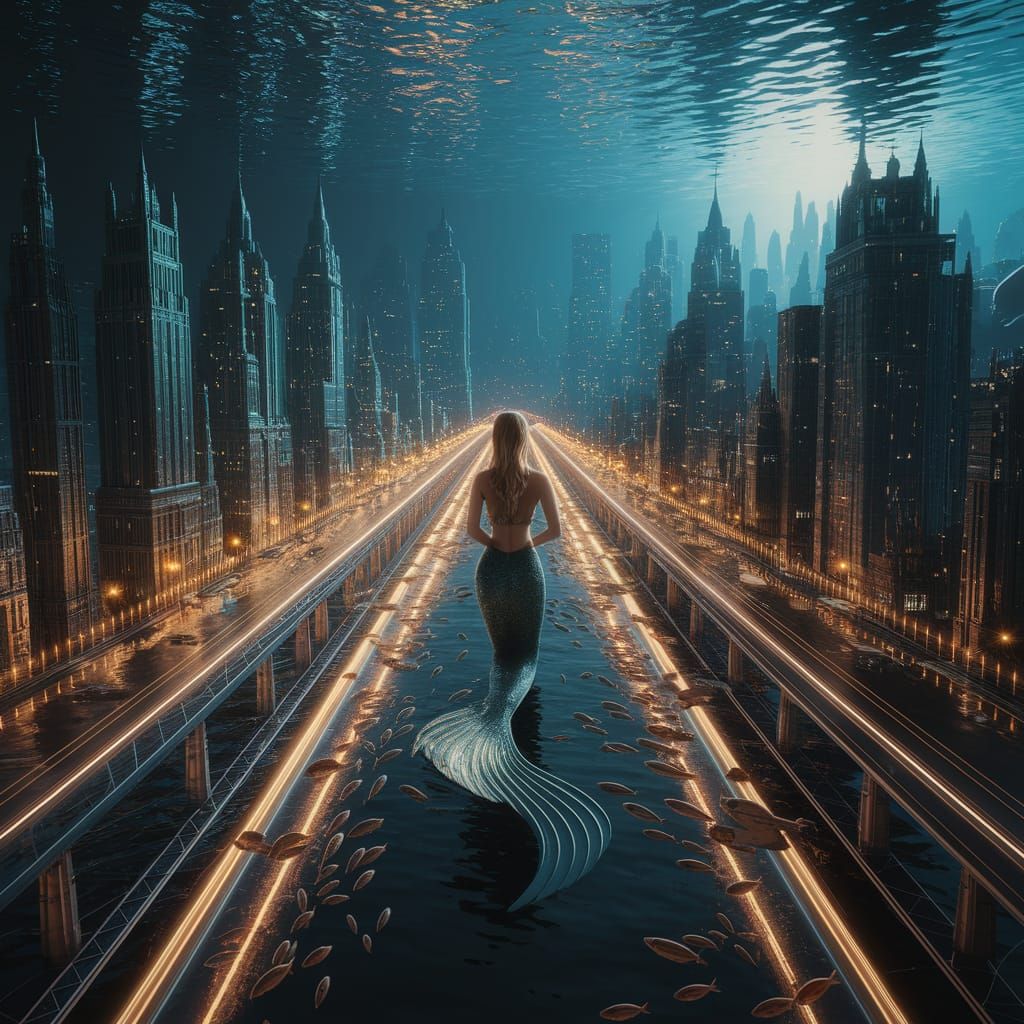Hyper-Realistic Underwater Cityscape with Mermaid
