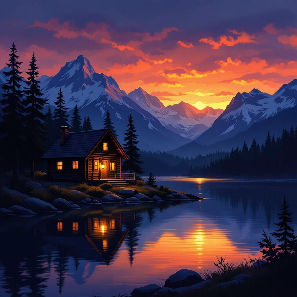 Mountain Cabin Glow on Tranquil Lake at Dusk
