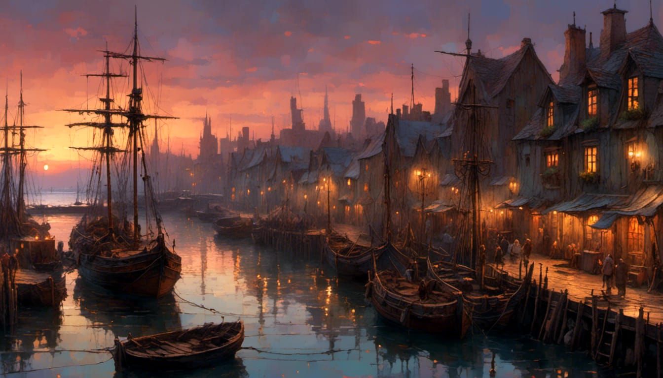 Medieval harbor with ships mooring at the pier, late evening...